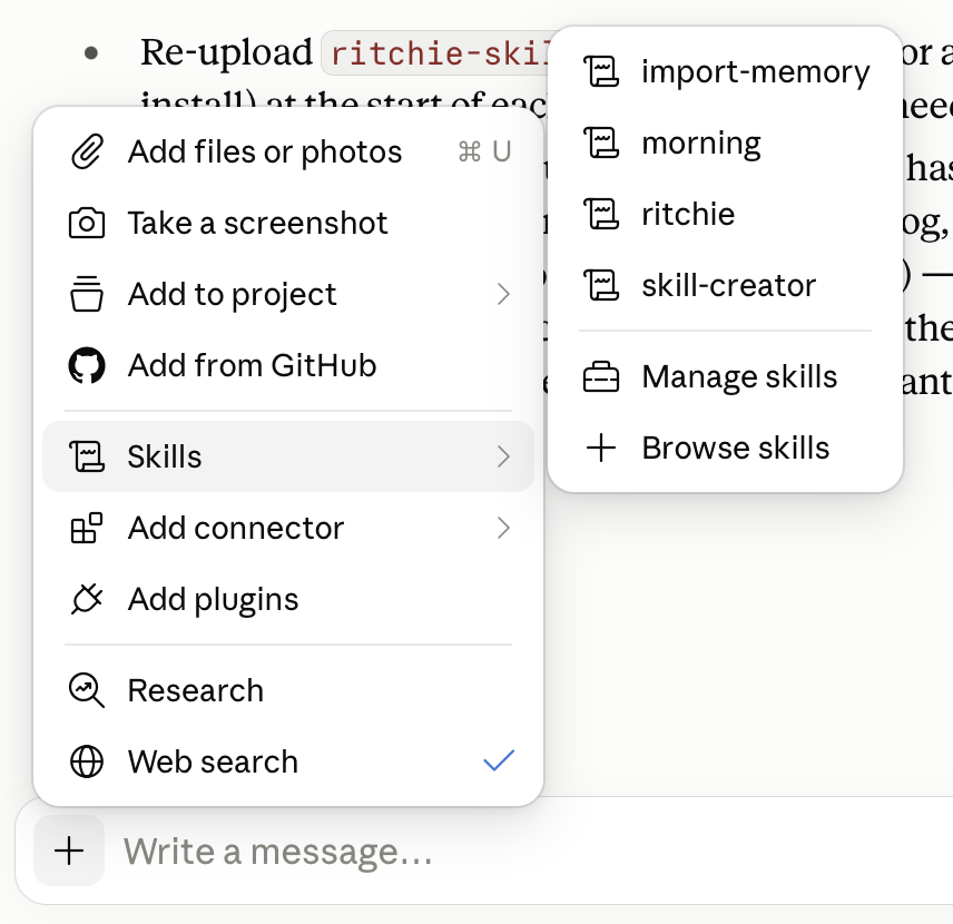 Claude chat attachment menu with the Skills submenu open, showing ritchie and Manage skills