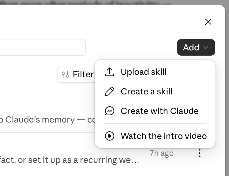 Claude skills page Add menu with Upload skill selected